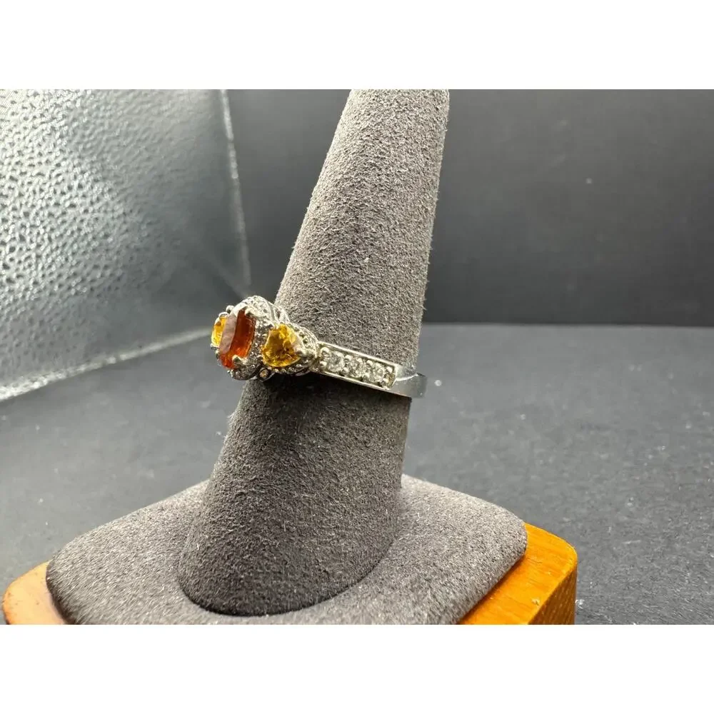 Vintage Sterling Silver 925 Hessonite Citrine Three Stone Halo Ring Accent